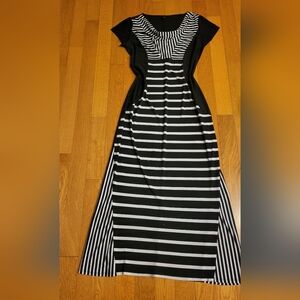 MSK striped black and white. A-line. Conforms to curves. Cowl neckline